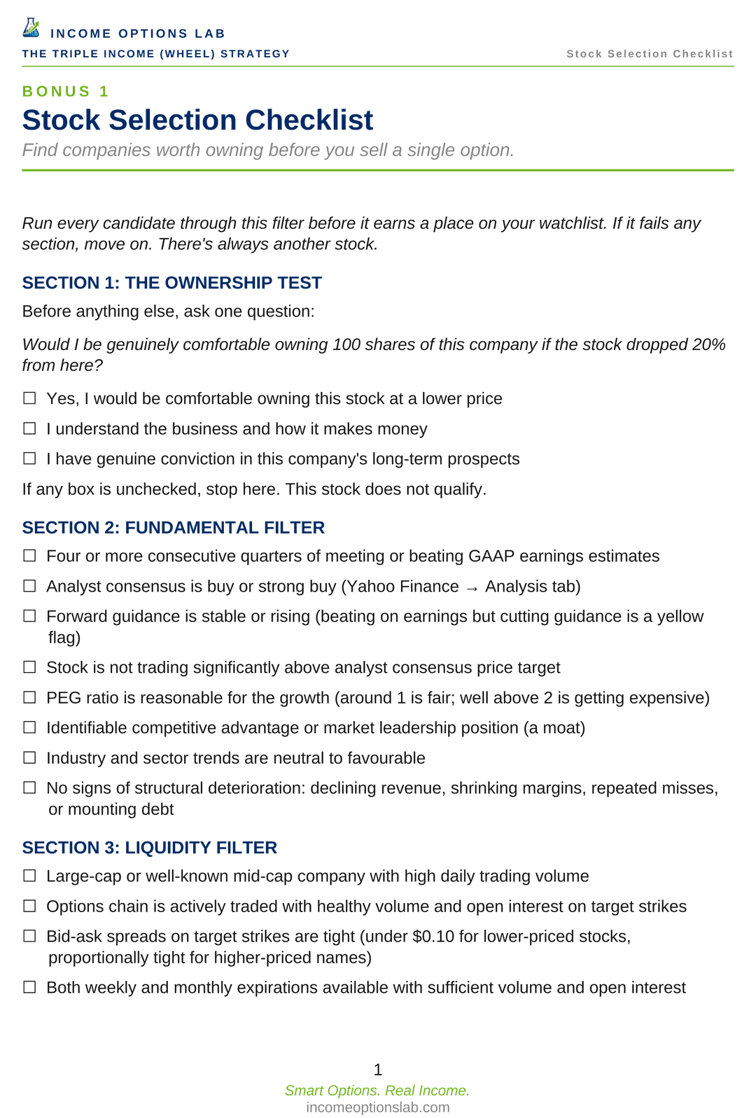 Stock Selection Checklist page preview.