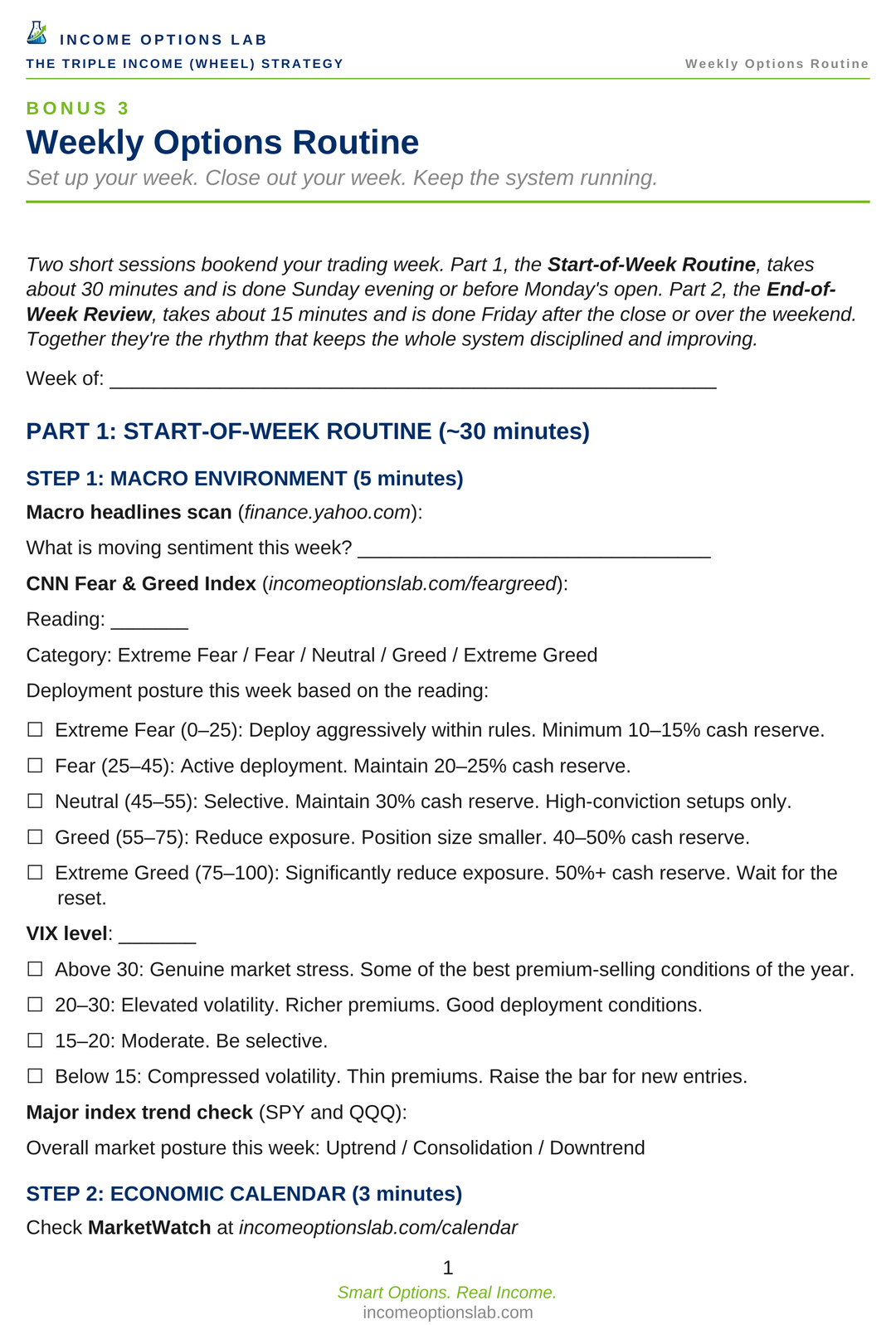 Weekly Options Routine page preview.